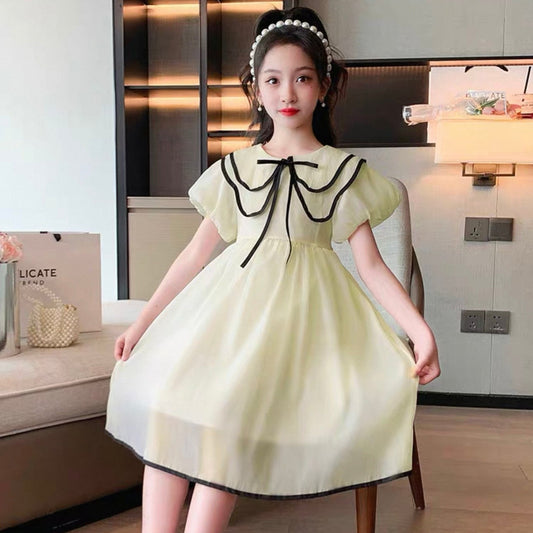 Girls' Elegant Bow Collar Dress