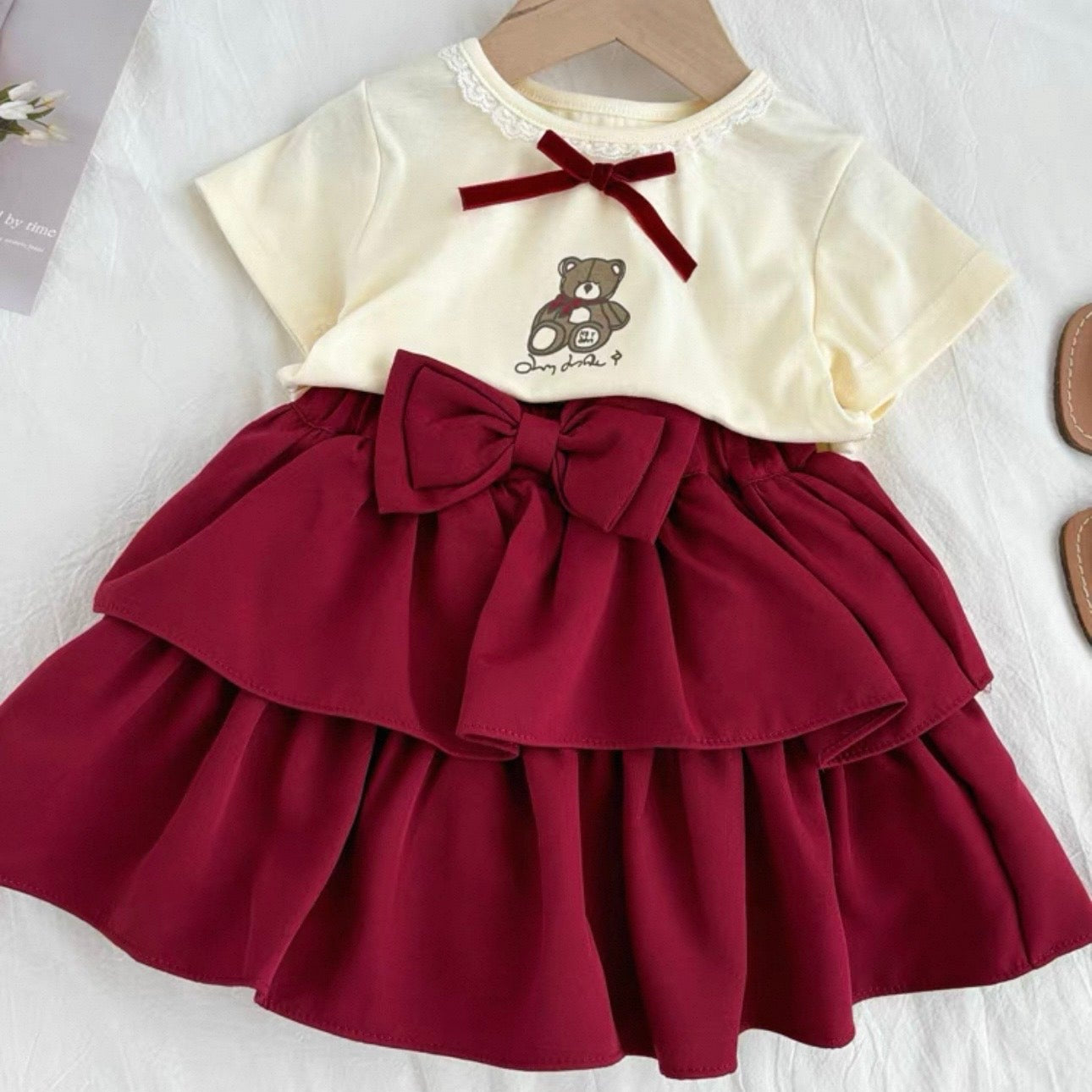 Girls' Bear Print Top & Burgundy Layered Skirt Set