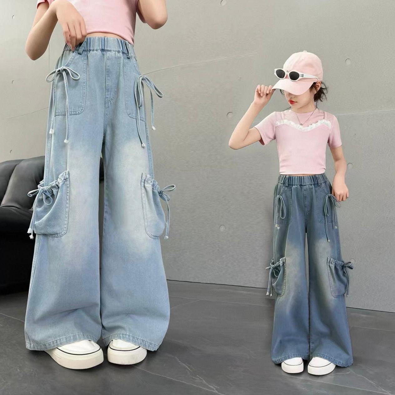 Girls' Wide-Leg Cargo Denim Jeans